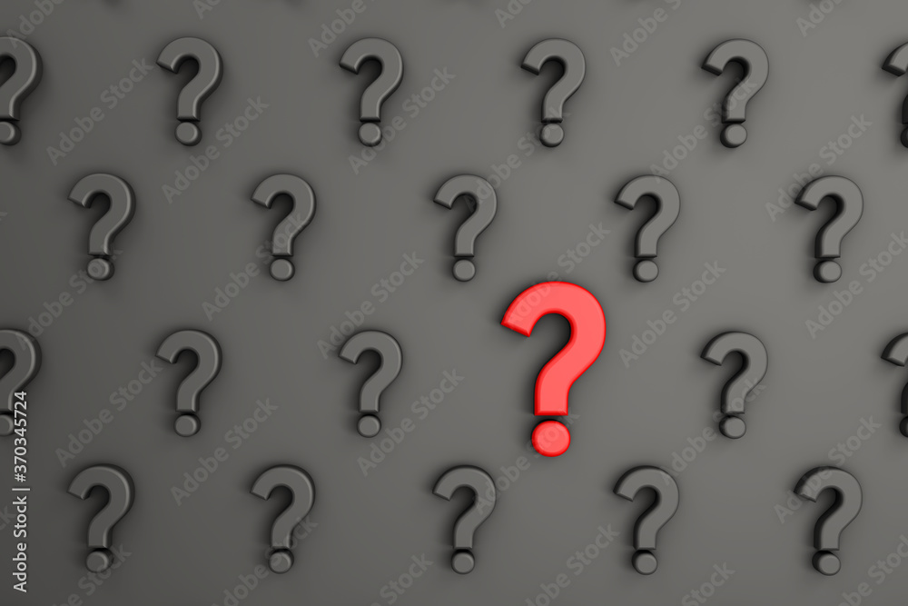 3d rendering of question mark on black minimalistic background. Red one is different from the others. Wide background site head and cover photo. Pattern for texture of wallpaper. 3d rendering of question mark on black minimalistic background. Red one is different from the others. Wide background site head and cover photo. Pattern for texture of wallpaper.