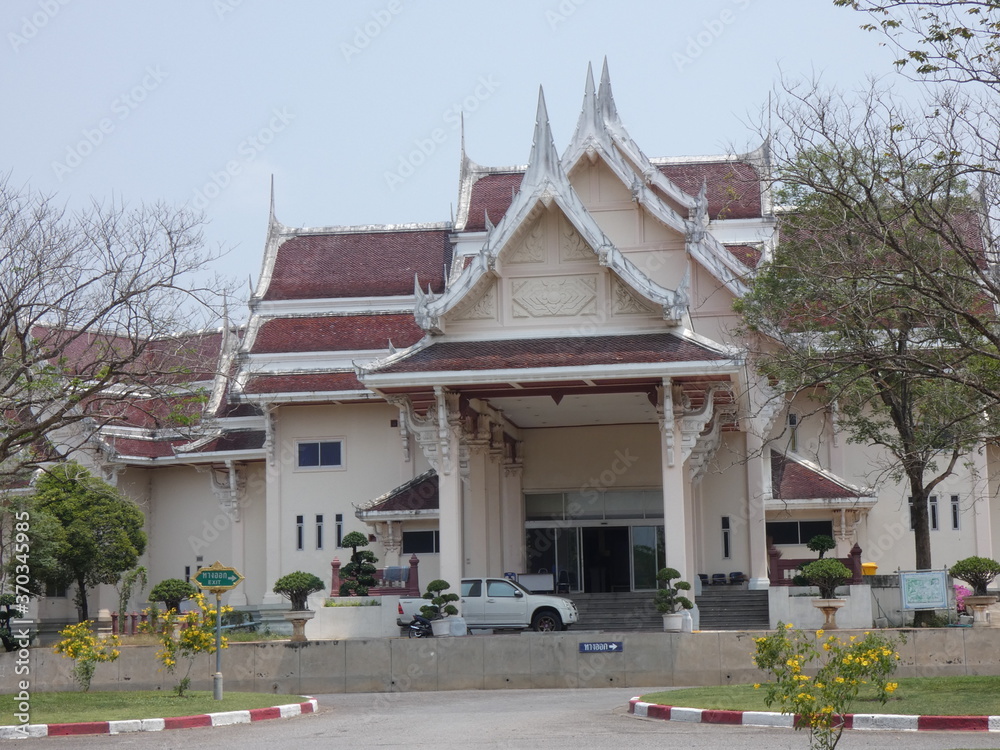 Fototapeta premium Yellow flowers and buildings in the park