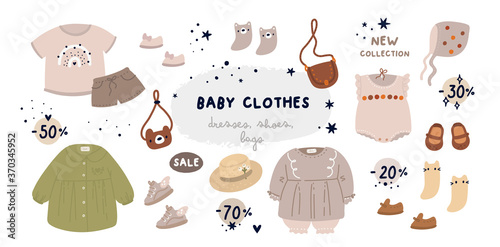 Collection of children's clothing in pastel colors. Set with clothes for girls: dress, sneakers, shoes, ballet flats, straw hat, beanie, jumpsuit, shorts, t-shirt, socks, bags