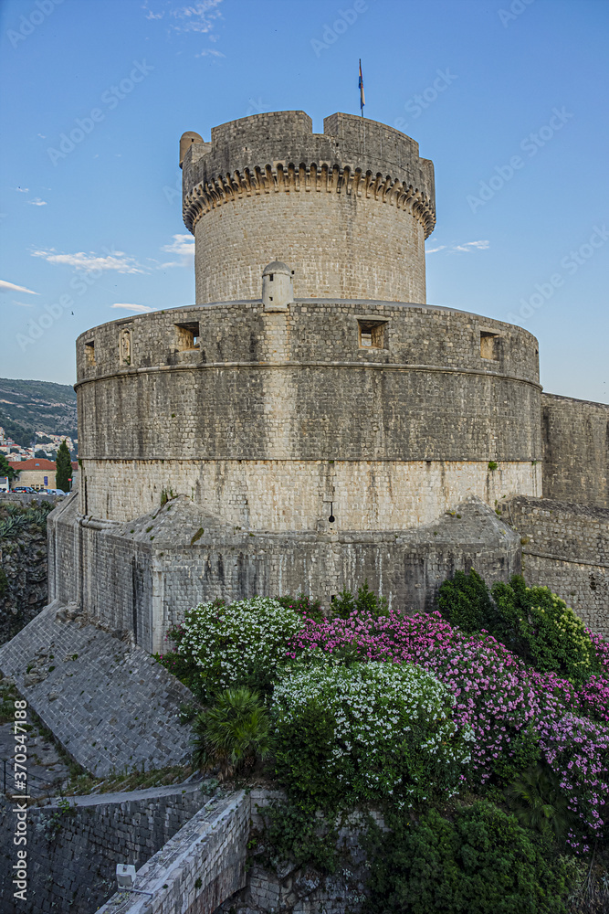 Minceta Tower - one of most prominent and most visited Dubrovnik protecting towers as well as the highest point of its defense system. Old Town of Dubrovnik, Adriatic coast, Croatia.