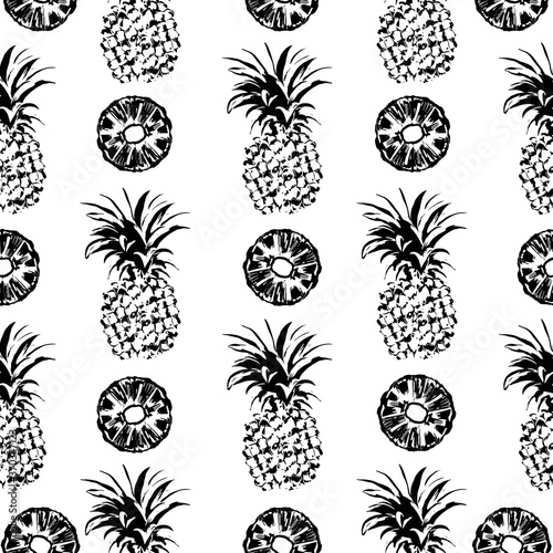 vector pattern with pineapples and halfs  in black and white. In minimalistic trendy style.