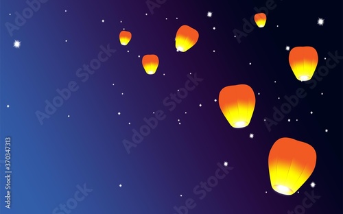 Orange paper lantern icon floating at night. Vector illustration. Traditional design elements for Chinese New Year or Mid Autumn Festival.