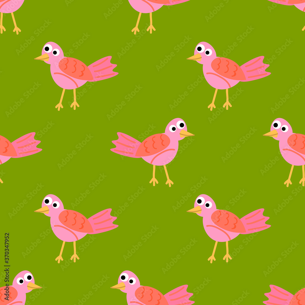 Cute cartoon seamless pattern with tropic bird in flat style. Animal background. Vector illustration.     
