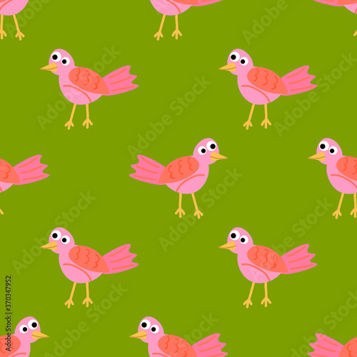 Cute cartoon seamless pattern with tropic bird in flat style. Animal background. Vector illustration.      