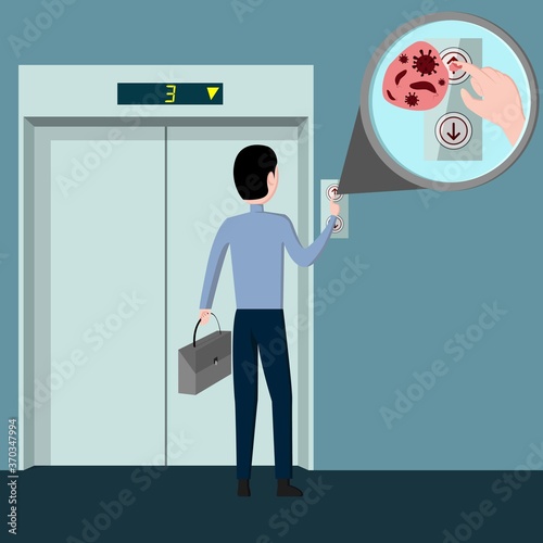 Contaminated Hand with Virus and Bacteria from touching lift button in public area in flat illustration vector

