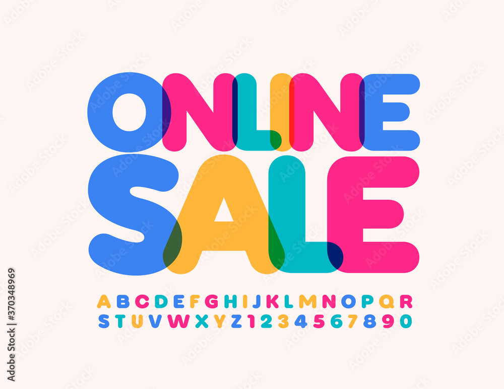 Vector colorful Sign Online Sale. Stylish creative Font. Transparent Alphabet Letters and Numbers.