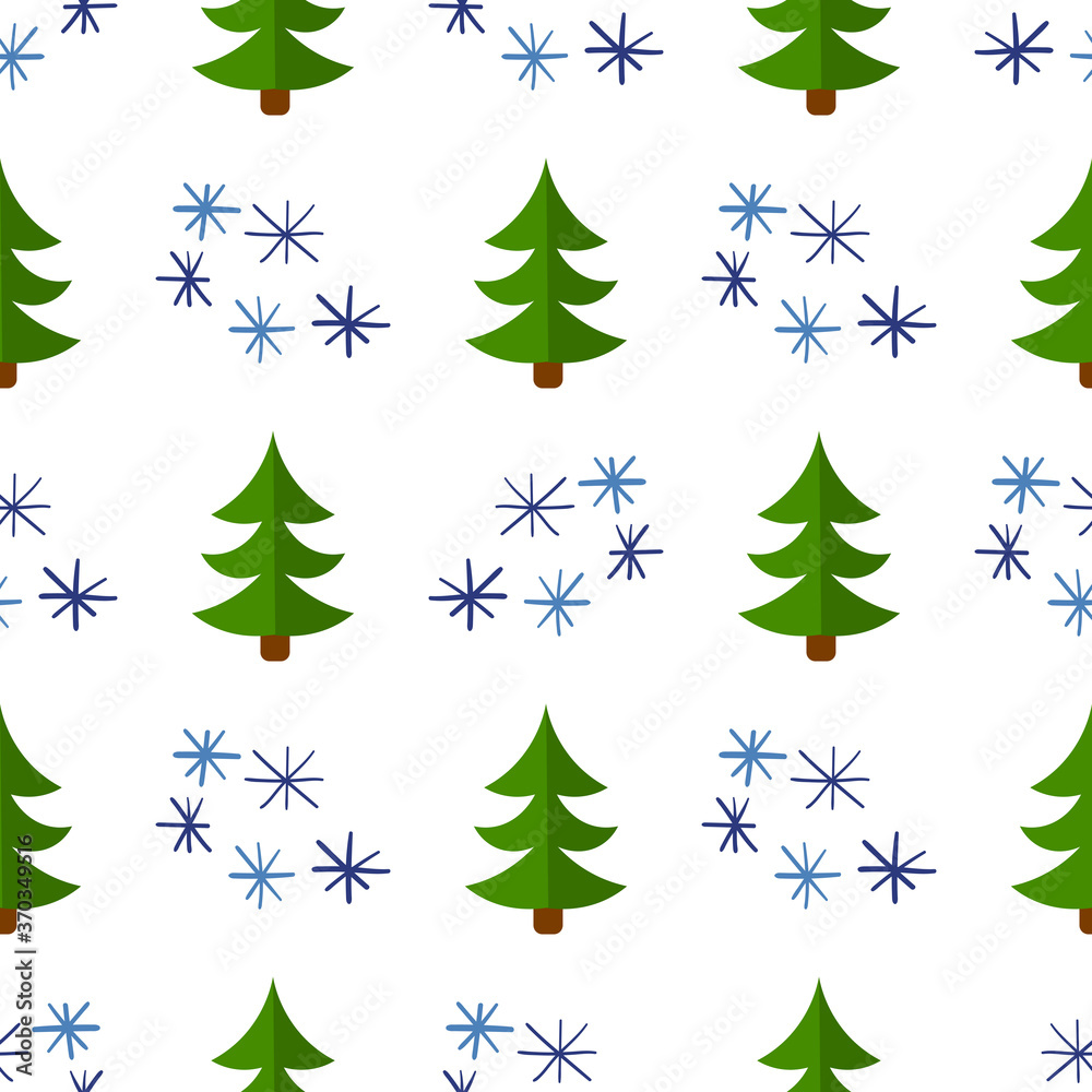 Seamless pattern with doodle snowflakes and spruce trees. Winter festive background. Holiday wrapping paper. Vector illustration.  