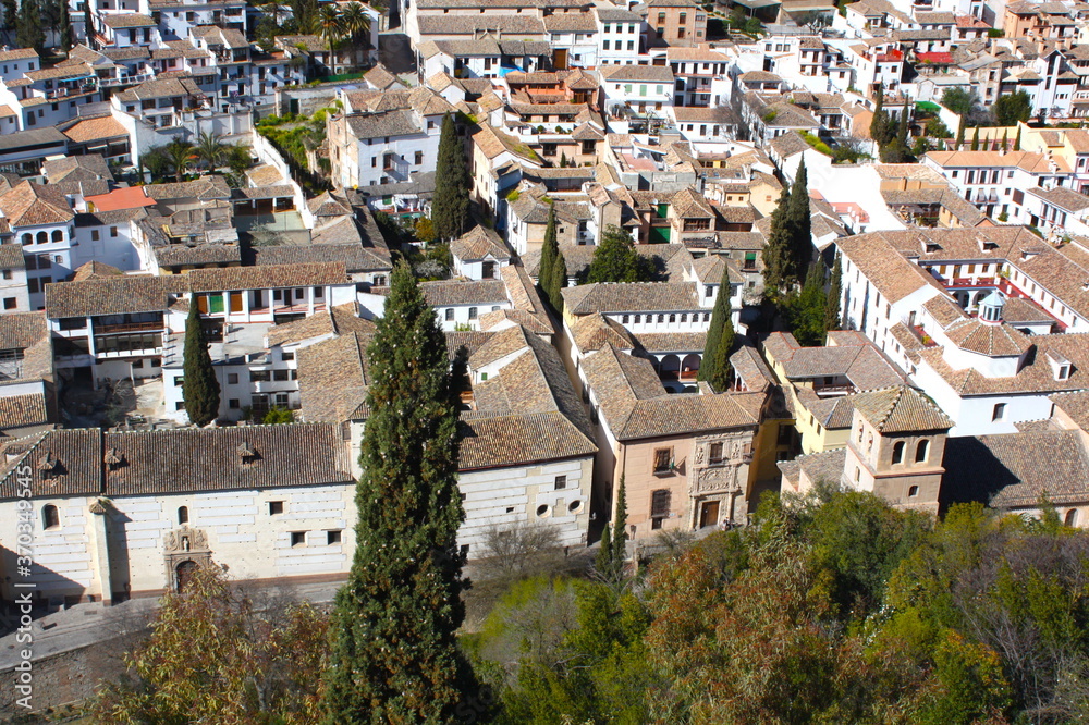 View of Granada city from Alhambra castle, Granada, Andalusia, Spain. 