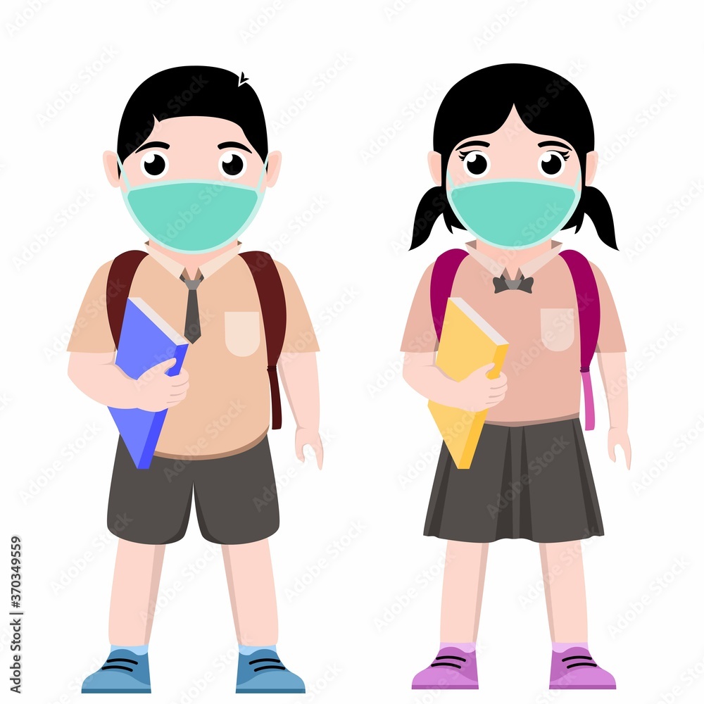 Kids Boy and Girl go to School and wear Face Mask and hold a book and school bag in New Normal Activities.  Cartoon Character Vector Concept Illustration on white background