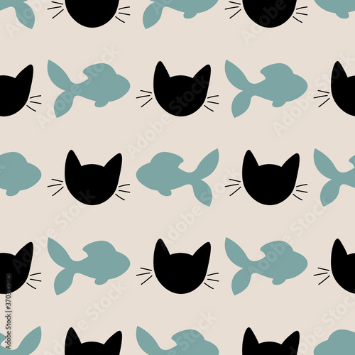Seamless pattern with cute cat muzzles and fish. Animal polka dot background. Feline wrapping paper. Vector illustration. 