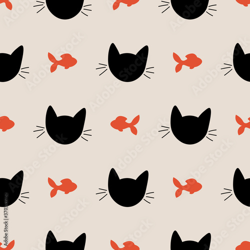Seamless pattern with cute cat muzzles and fish. Animal polka dot background. Feline wrapping paper. Vector illustration. 