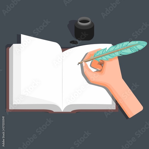 Hand Writing on Book with Feather Pen and Inkwell in flat illustration vector 