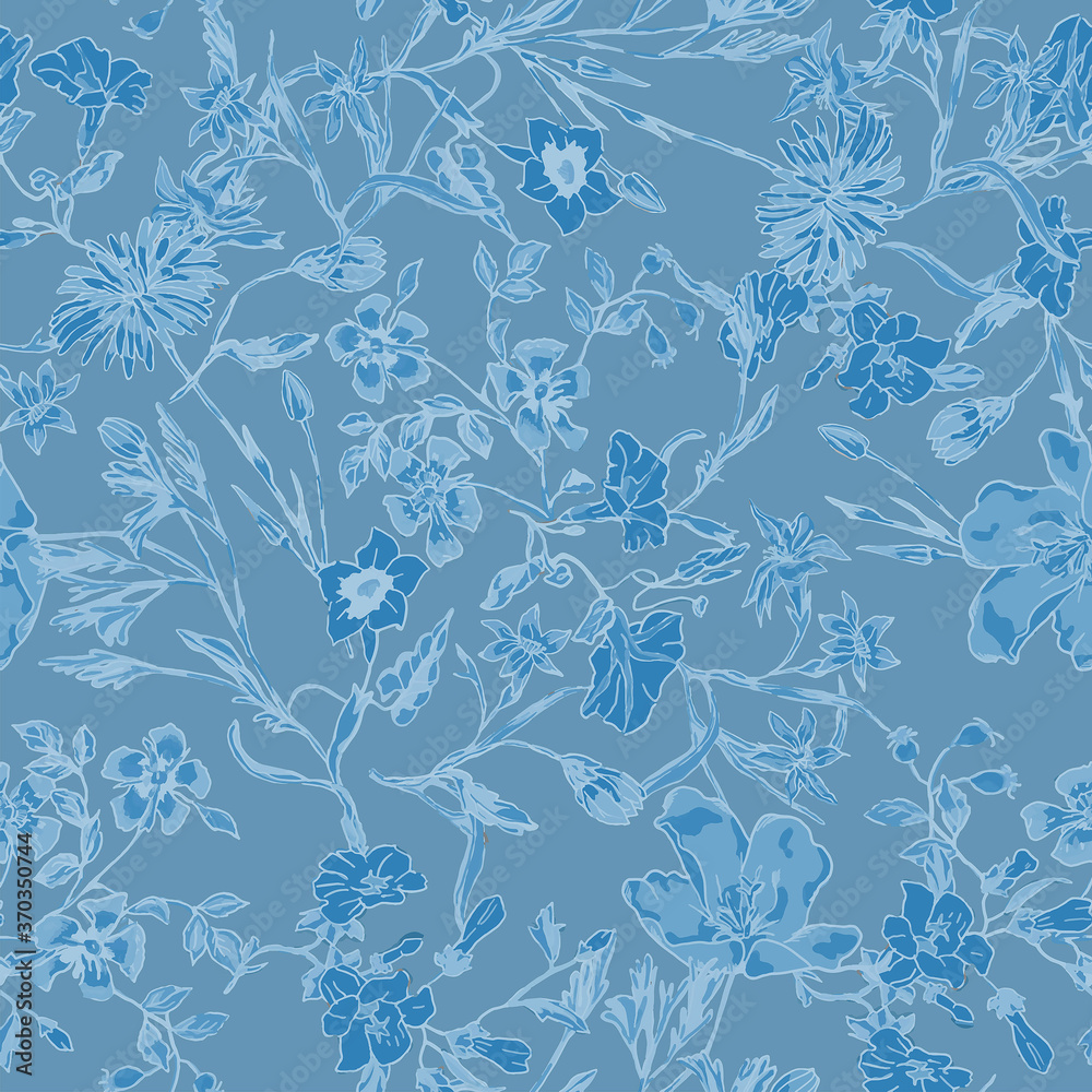 Fototapeta premium Floral pattern on blue background. Garden floral Perfect for textile,
