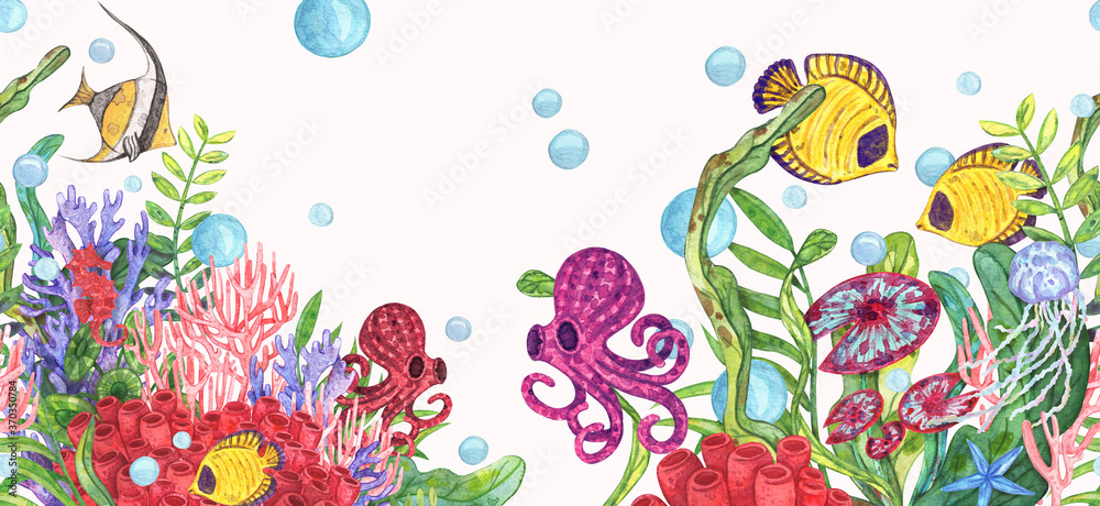 Watercolor illustration of underwater life with exotic yellow and blue fish, green and red seaweed, octopuses, colorful corals, blue stars, seahorses and air bubbles