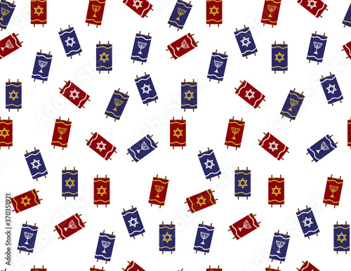 Red Blue Torah Scrolls Seamless Pattern on White Background 