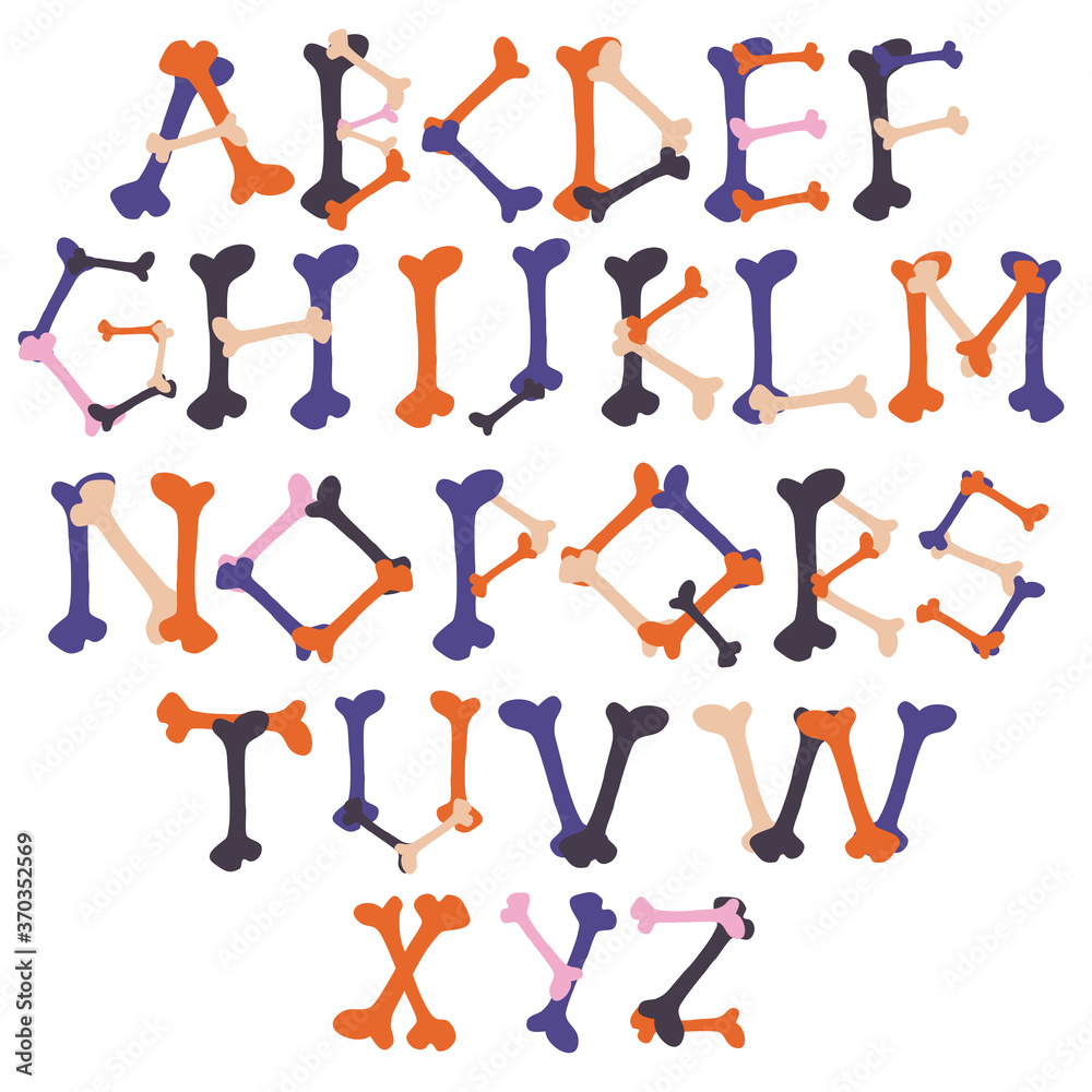 Vector isolated colorful set of cartoon letters made of bones English alphabet on white background. Perfect for books, posters, stickers, decorations, stationary, notebooks.