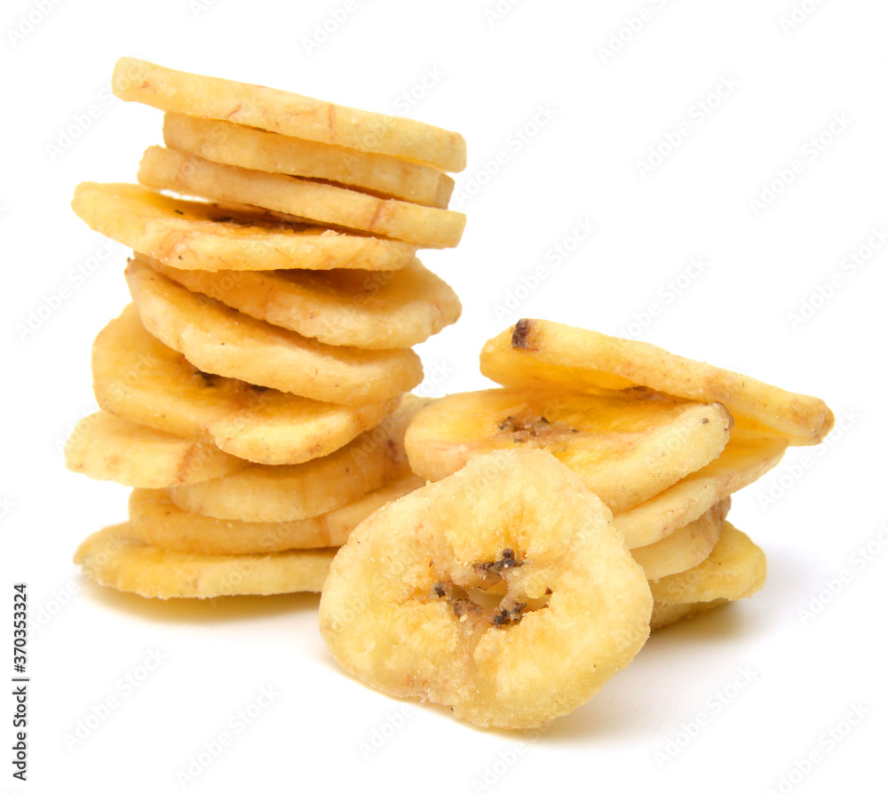 Banana chips on white background Banana chips on white background