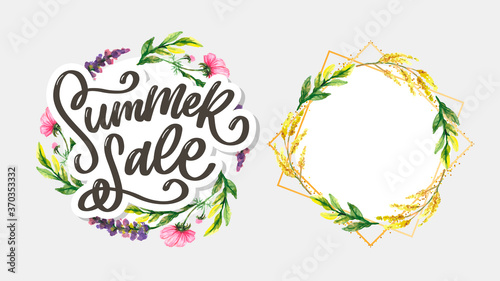 Trendy floral vector template. Summer flowers and Summer sale lettering illustration. Shabby gold texture on striped background.