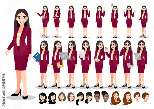 Businesswoman cartoon character set. Beautiful business woman in office style smart suit . Vector illustration