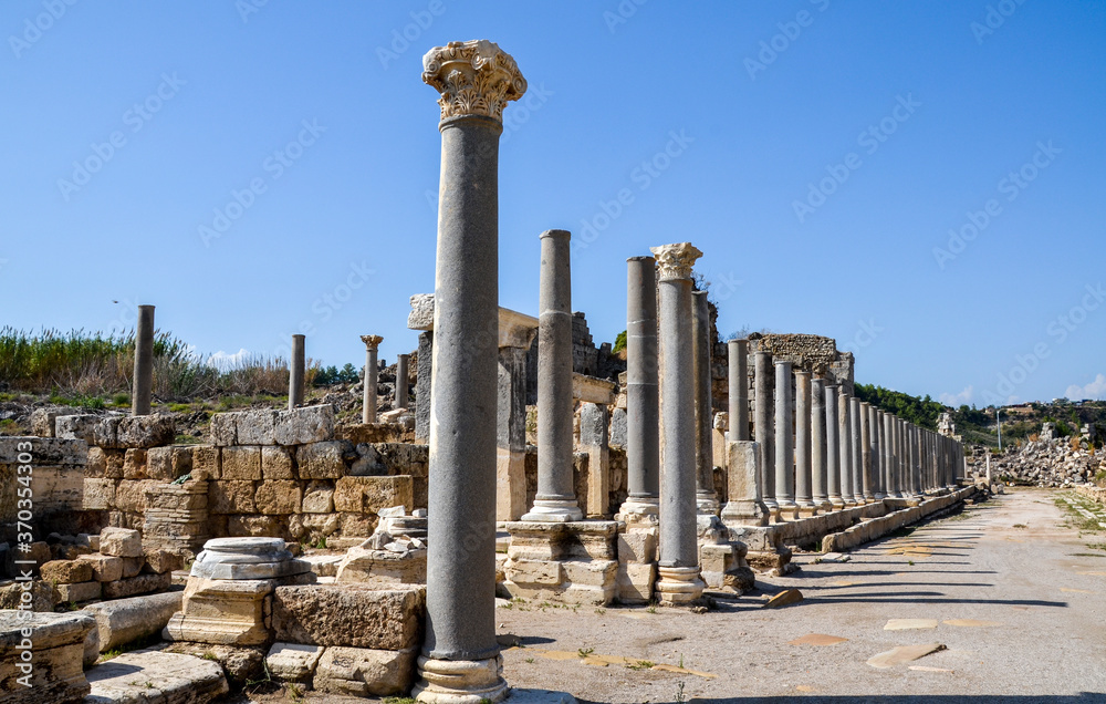 Ruins of the ancient Lycian city Perge located near the Antalya city in Turkey