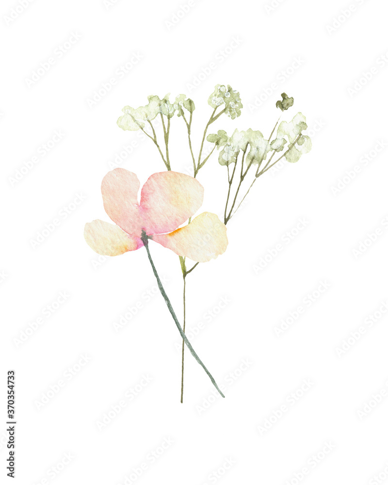 floral bouquet design: garden red, burgundy Rose flower, white peony, seeded Eucalyptus branch, amaranthus silver green fern leaves, Watercolor designer element. Wedding invite card, greeting