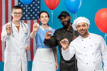 Multi-cultural group of young contemporary doctor, maid, chef and security