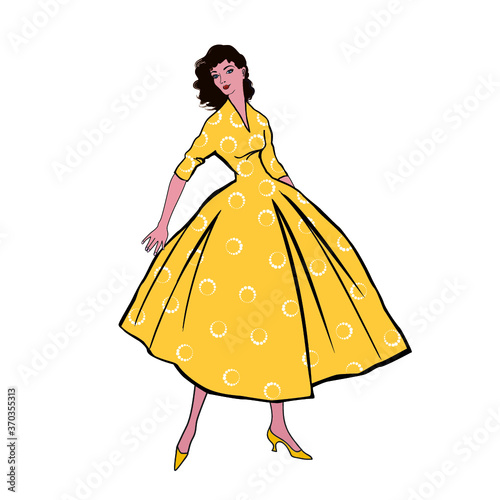 Stylish fashion dressed girls (1950's 1960's style): Retro fashion dress party. Summer clothes vintage woman fashion silhouette from 60s.