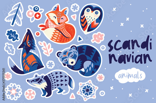 Scandinavian winter animals sticker set. Vector illustration