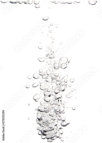 Bubble black oxygen air, in underwater clear liquid with bubbles flowing up on the water surface, isolated on a white background