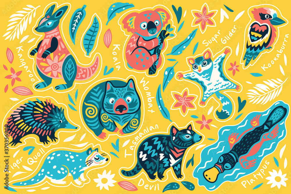 Fototapeta premium Australian native animals. Sticker set. Vector illustration