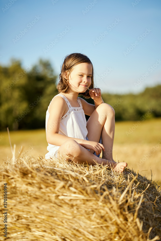 cute little girl sits on mown rye in the field 