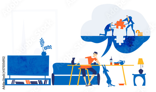 People working from home, distance working. Self isolation, quarantine and working from kitchen table. People dreaming go back to normal, work together, to solve problems and socialise 