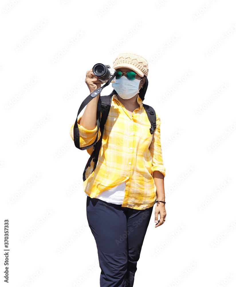 Asian woman tourist wearing face mask taking photograph isolated on white background. Asian woman tourist wearing face mask taking photograph isolated on white background.