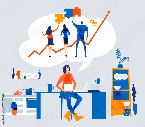 Woman works from home, kitchen table, distance working. Self isolation, quarantine. People dreaming go back to normal, work together, to solve problems and socialise 