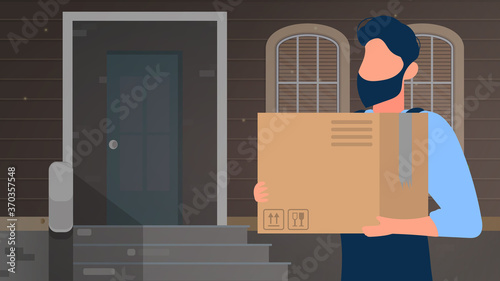 Parcel delivery home banner. Man is holding a large box. Cconcept of delivery of goods, parcels and goods at home. Vector.