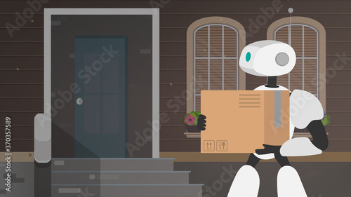 Home delivery banner. The robot is holding a large box. Delivery of the future. The concept of delivery of goods, parcels and goods at home. Vector.
