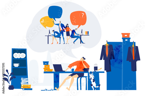 Young man works from home, distance working, Self isolation, quarantine and working from kitchen table. People dreaming go back to normal, work together, to solve problems and socialise.  