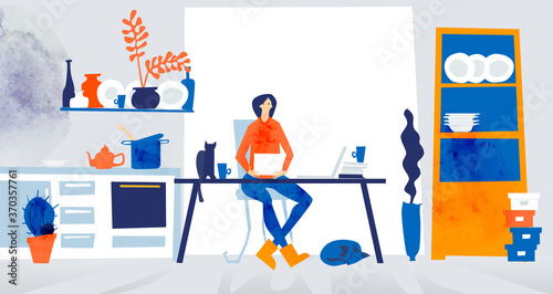 Woman works from home, kitchen table, distance working. Self isolation, quarantine. People dreaming go back to normal, work together, to solve problems and socialise 
