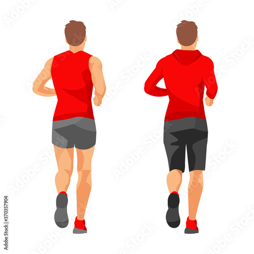 Figures running men in red clothes from the back