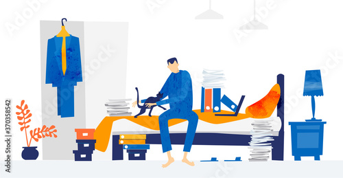 Young man works from home, distance working, Self isolation, quarantine and working from kitchen table. People dreaming go back to normal, work together, to solve problems and socialise.  