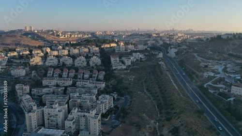 Israel and Palestine town divided by wall, aerial pisgat zeev and anata refugees camp, Jerusalm israel 