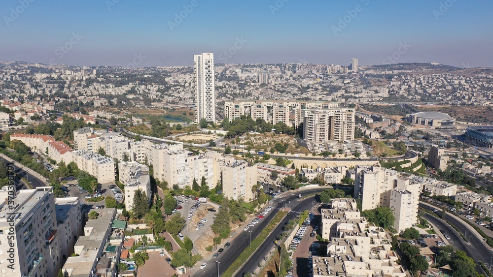 Jerusalem Landscape Holyland Building project aerial 
South West And center Jerusalem in background, Israel, drone
