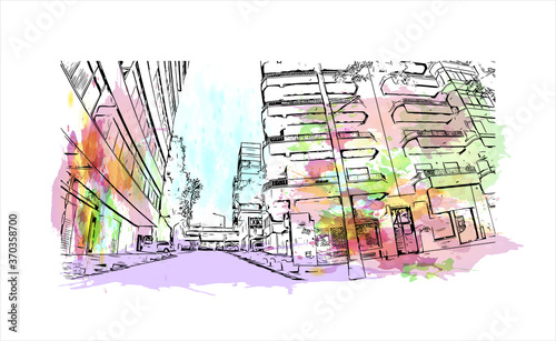 Building view with landmark of Almada is a city and a municipality in Portugal. Watercolor splash with hand drawn sketch illustration in vector.