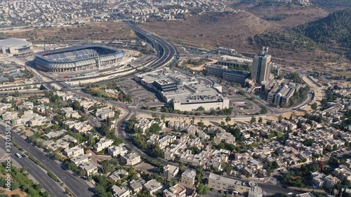 defaultTeddy and Arena Stadium in Jerusalem Aerial view Drone Close to Malha neighbourhood and Arena Basketball Stadium, South West Jerusalem, Israel 
