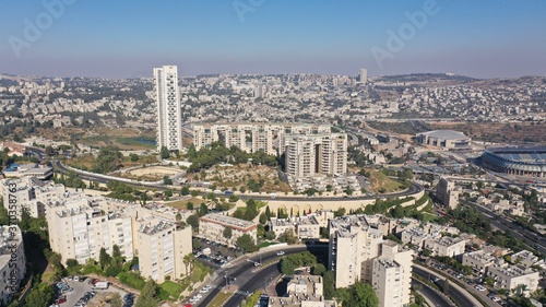 Jerusalem Landscape Holyland Building project aerial South West And center Jerusalem in background, Israel, drone 