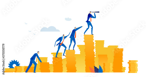 Business people standing to coin stags, looking for new business opportunities and investments. Business and success concept illustration 