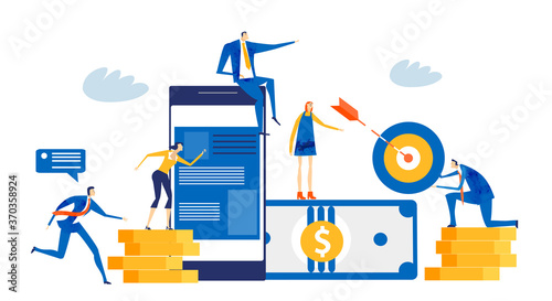 Busy business people working around coins, money, arrows, growth charts, solving the problems and co-operating. successful people making positive financial growth