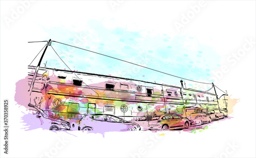 Building view with landmark of Almada is a city and a municipality in Portugal. Watercolor splash with hand drawn sketch illustration in vector.