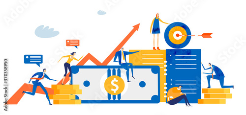 Busy business people working around coins, money, arrows, growth charts, solving the problems and co-operating. successful people making positive financial growth