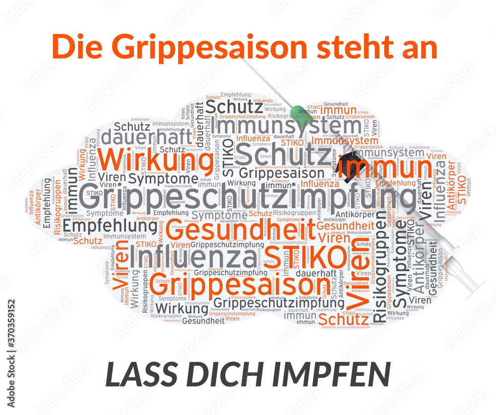 Obraz premium Wortwolke zur Grippeschutzimpfung mit Worten zur Schutzimpfung für die anstehende Grippesaison